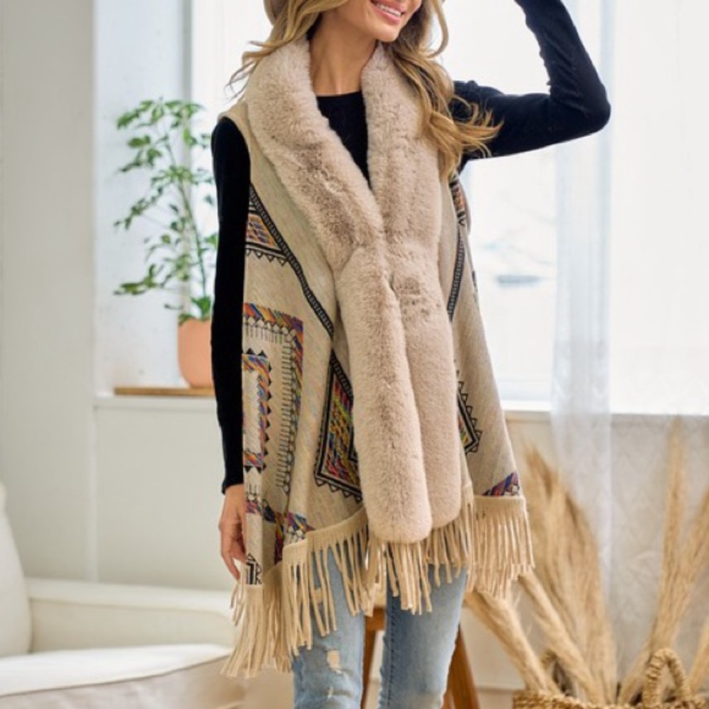 Bohemian Beige Fringe Sweater Vest Cozy Cardigan
